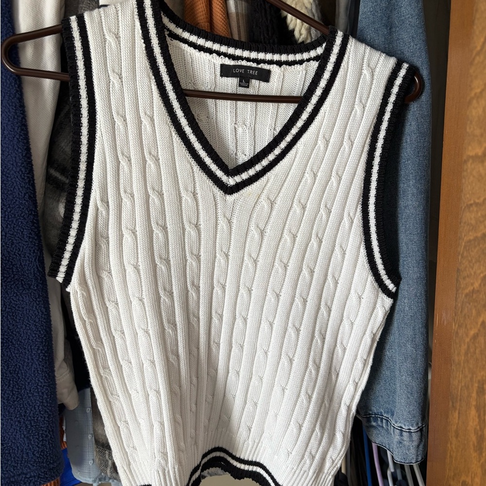 White Cable Knit Sweater Vest with Black Trim